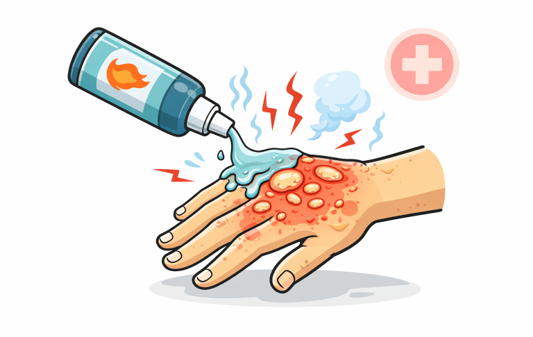 Hand with blisters receiving treatment from a liquid antiseptic.