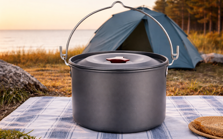 Kåsa i svart metall på en filt med en campingtält och sjö i bakgrunden.