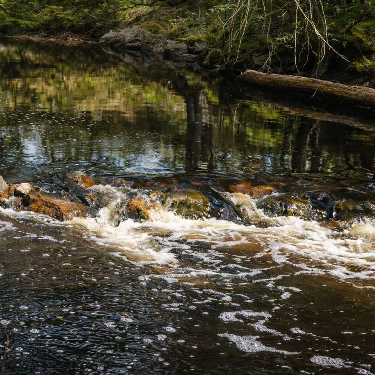 En porlande bäck med stenar och reflexer från omgivande träd.