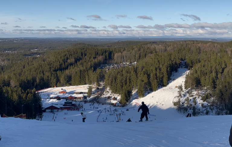 Snöig bergssida med skidåkare och utsikt över en skog och en by i fjärran.