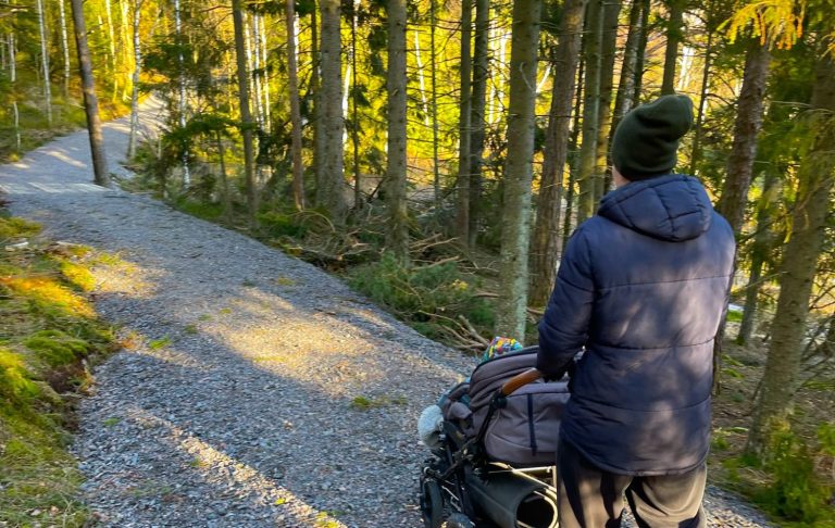 En person med barnvagn går längs en stenlagd stig i en solig skog.