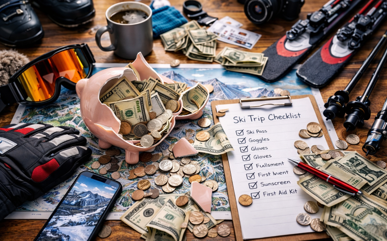 En spargris fylld med sedlar och mynt, skiutrustning och en checklista för skidresa.