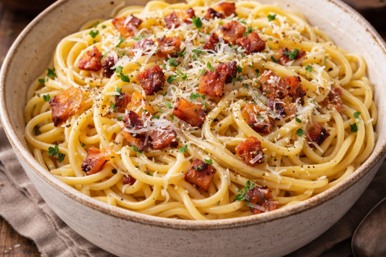 Krämig spaghetti med bacon, parmesan och grönsaker i en skål.