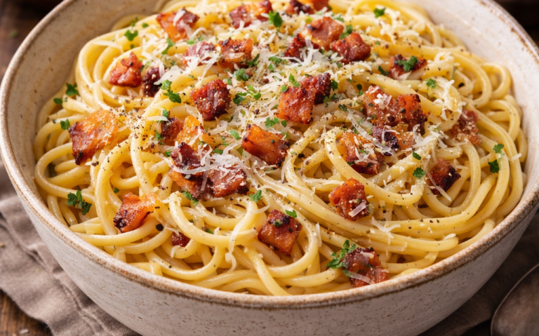 Krämig spaghetti med bacon, parmesan och grönsaker i en skål.