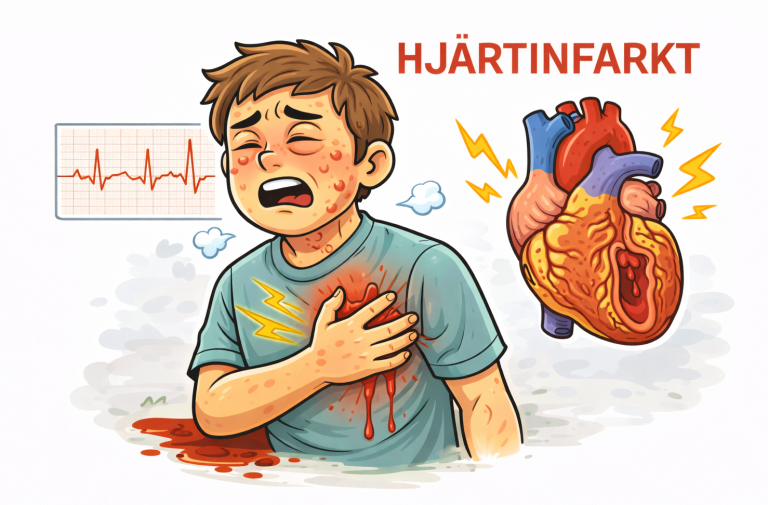 Kille med bröstsmärtor, illustrerad hjärtmuskel och EKG-kurva, som visar en hjärtinfarkt.