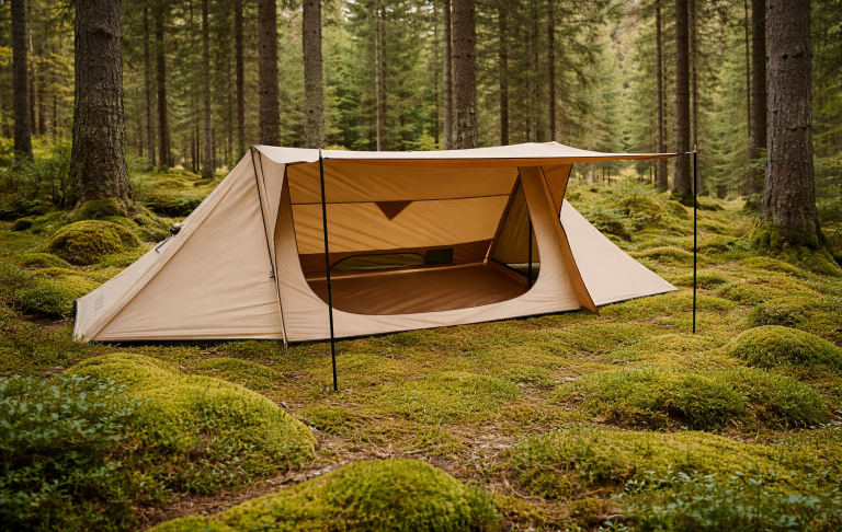 VEVOR Hot-Tent i en skog, omgiven av träd och grön mossa.
