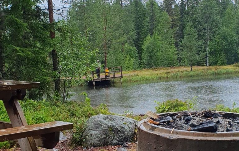 En sjö med en brygga i skogen, en bänkdamm och en eldstad i förgrunden. En person fiskar.