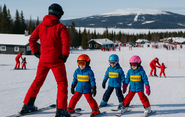 En skidlärare instruerar tre barn iklädda färgglada mössor på en snöig skidort.