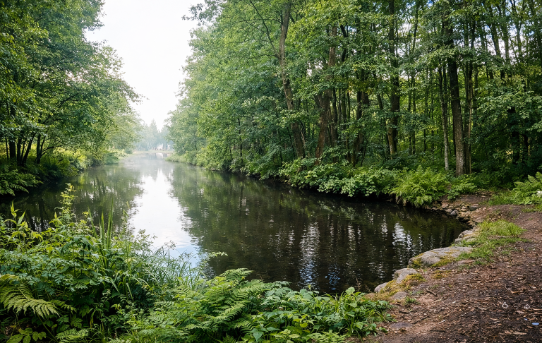 Lugnt vattendrag omgiven av tät grönska och träd.
