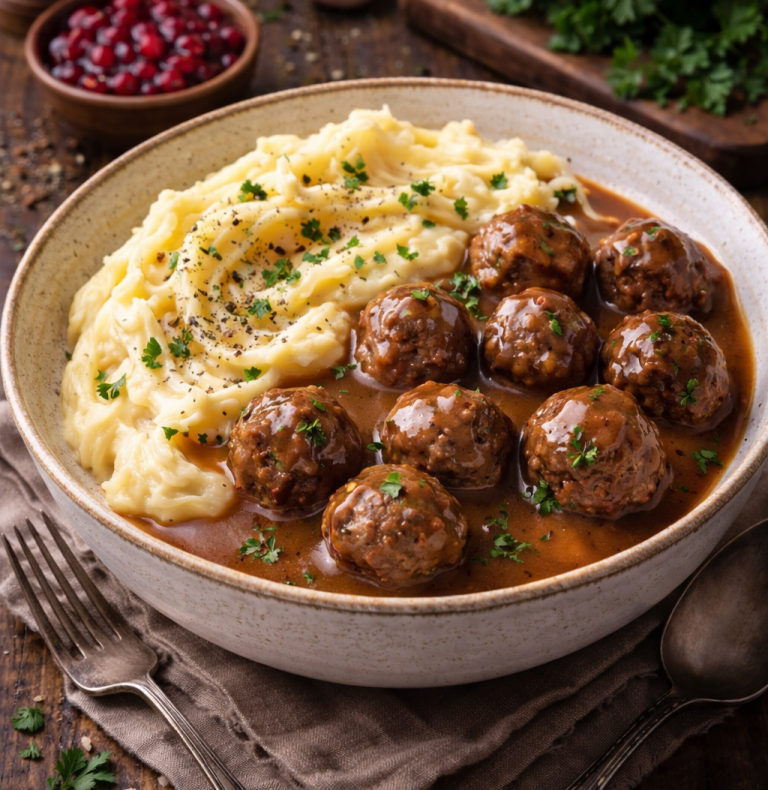 Köttbullar med gräddsås och potatismos, garnerat med gräslök och lingon.