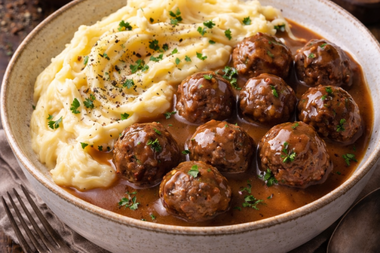 Köttbullar med sås och potatismos, garnerat med hackad grön lök.