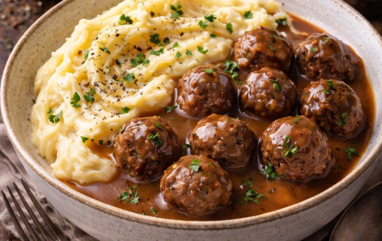 Köttbullar med gräddsås och potatismos, garnerat med gräslök.