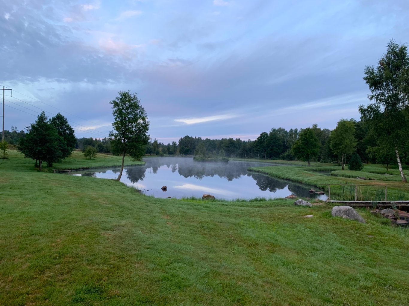 Flugströmmen och dammen i Sunnedamm Lugn sjö med dimma, omgiven av grönskande gräsmatta och träd.