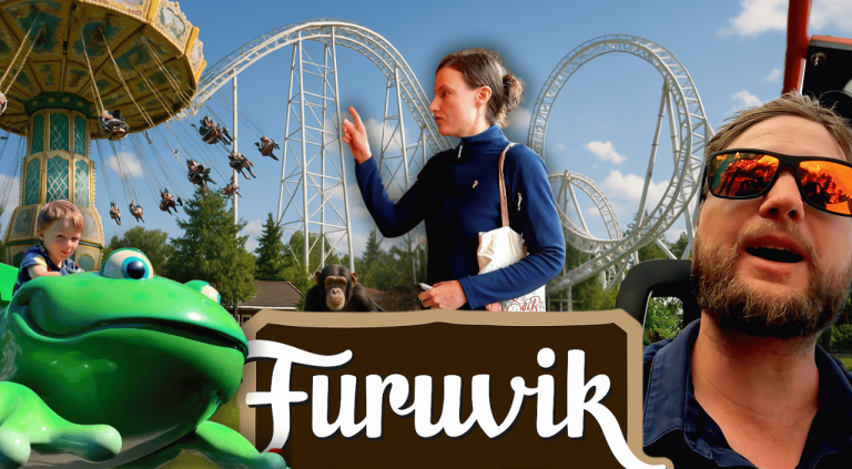 The Wilderness Family I Furuviksparken Furuvik nöjespark med attraktioner och besökare i soligt väder.