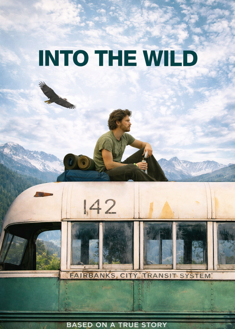 Into the wild En man sitter på taket av en gammal buss med en fjäderfä i himlen ovanför.