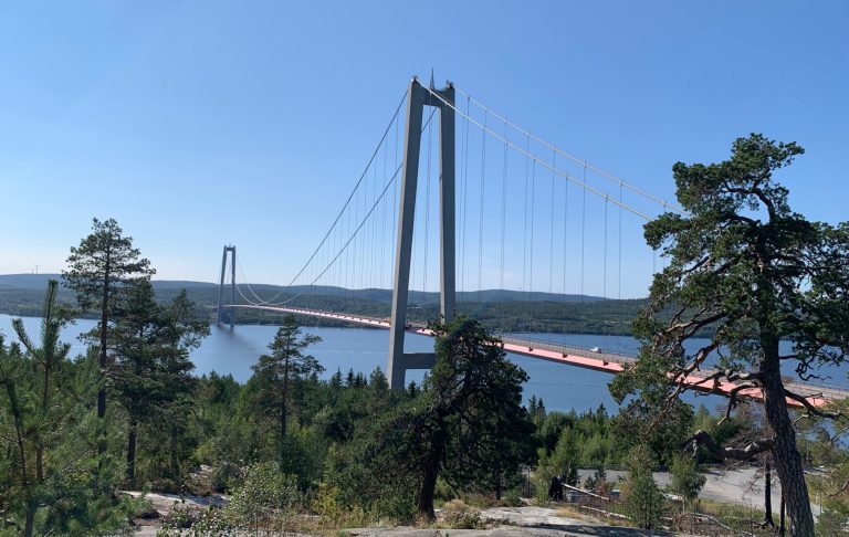 Hängbro över en fjord med grönskande omgivning och klarblå himmel.