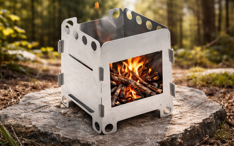 Bärbar eldstad av metall med brasa, placerad på en sten i skogen.