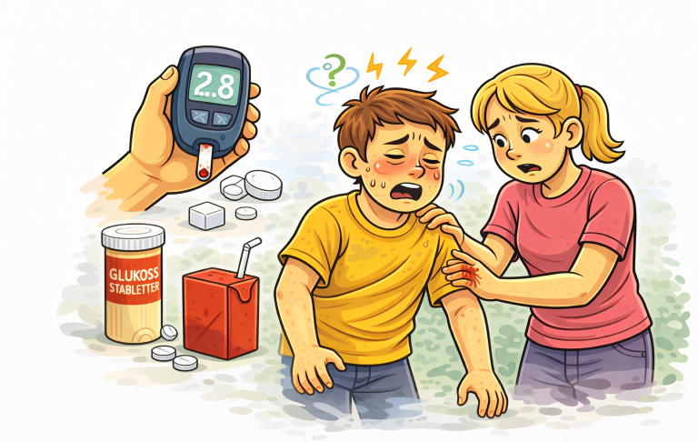 En pojke i en gul tröja ser illamående ut medan en tjej hjälper honom. I bakgrunden medicin.