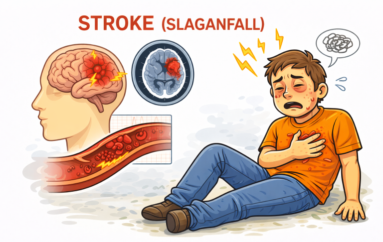 Illustration om stroke, visande hjärna, symptom och en pojke som verkar ha smärta.