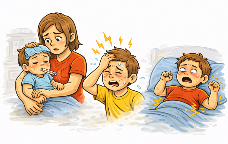 En mamma tröstar ett sjukt barn medan ett annat barn i sängen verkar ha ont.