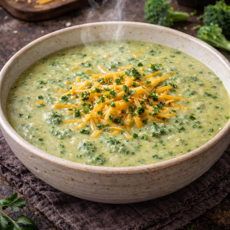 Krämig broccolisoppa med riven ost och grönsaker på en träyta.