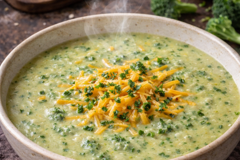 Grönsakssoppa med cheddarost och gräslök på toppen.