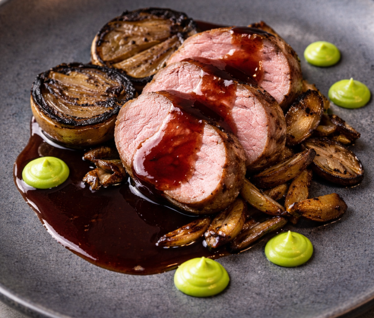 Grillad köttbit med svamp, lök och grön sås på en mörk tallrik.