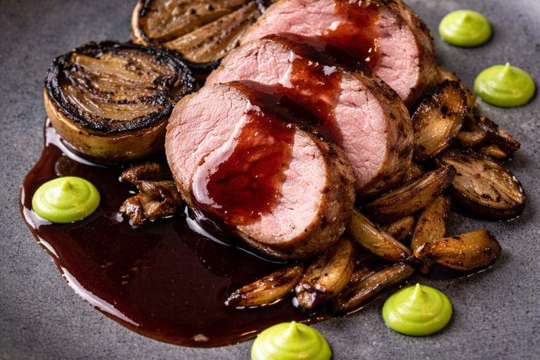 Skivad lax med svampsås, grön puré och karamelliserad lök på en tallrik.