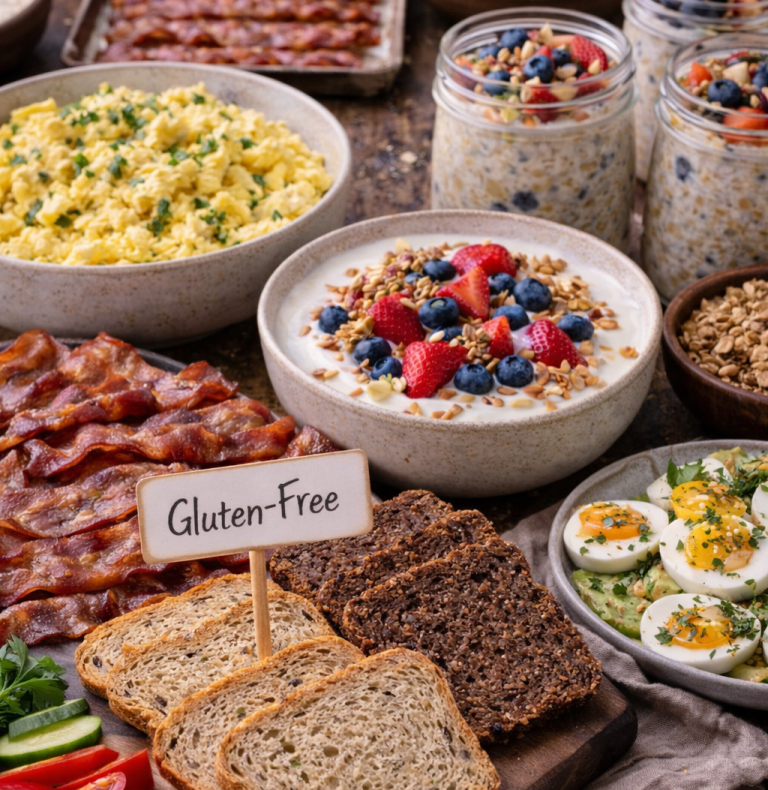 Frukostbuffé med ägg, bacon, gröt, frukt, och glutenfri bröda.