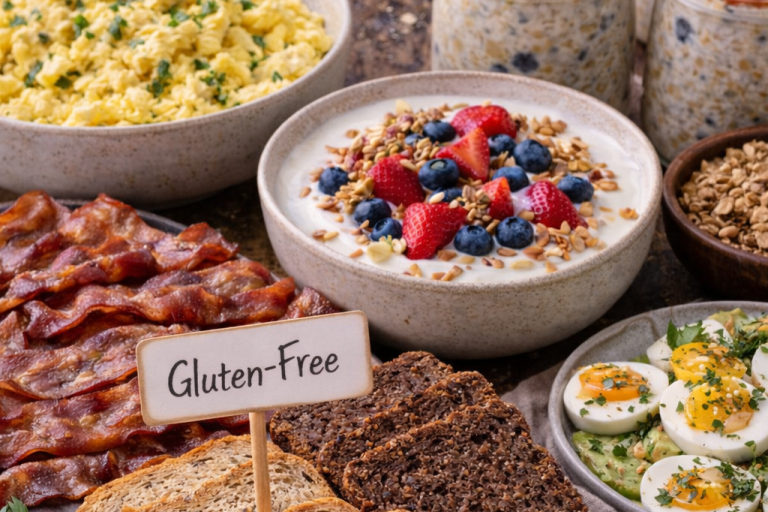 Frukostbuffé med bacon, ägg, glutenfri gröt och bär.