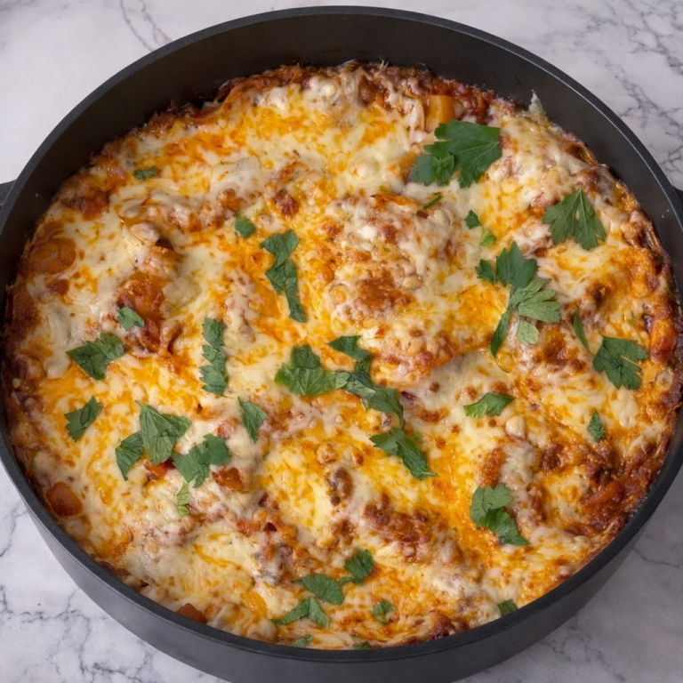 Pasta fylld med köttfärs, tomatsås och smält ost, garnerad med färsk persilja.