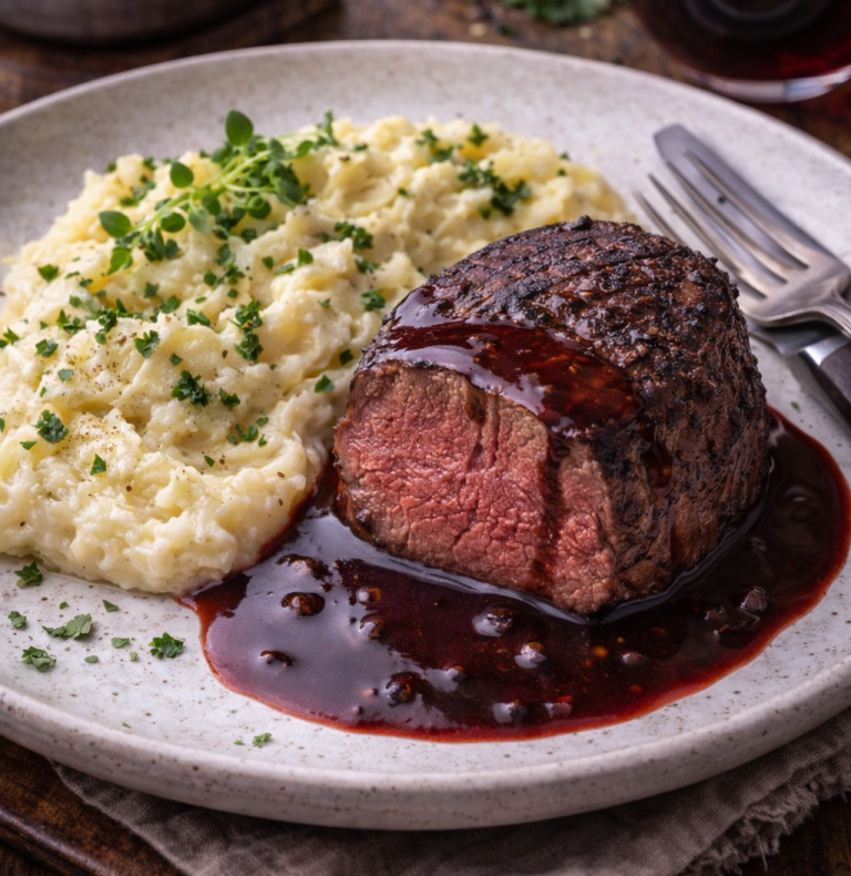 En tallrik med mör biff, potatismos och rödvinsås, garnerad med gräslök.