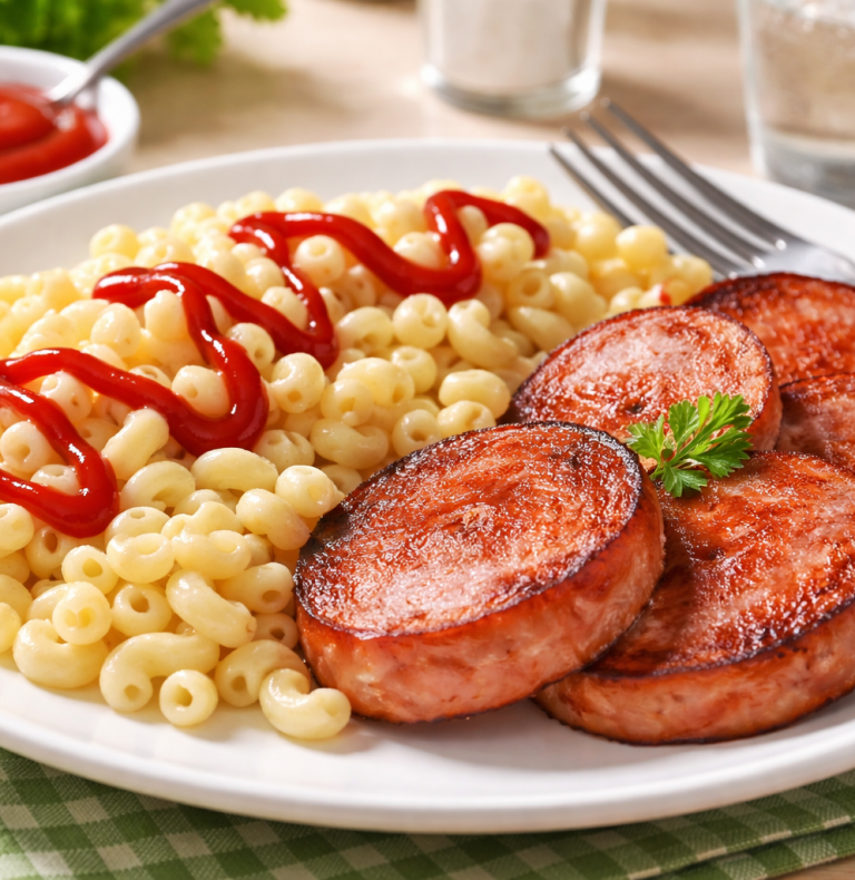 Tallrik med stekt korv, makaroner och ketchup på en dukad yta.