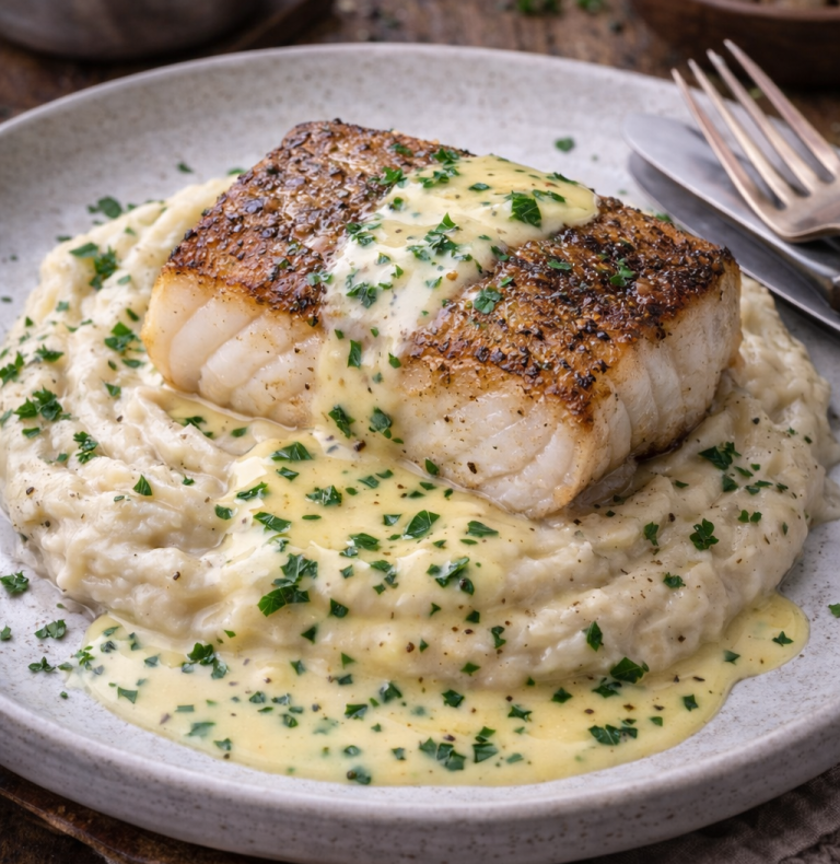 Grillad fiskfilé med krämig sås och örtig puré på tallrik.