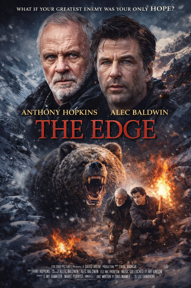 Två män står i en tuff miljö med en björn i bakgrunden och eld i förgrunden.