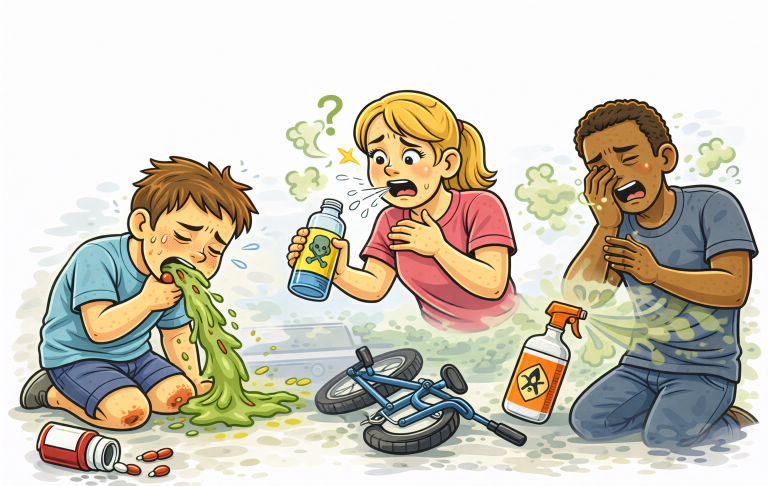 Tre barn reagerar avsmakande på en stökig situation med spillda rengöringsmedel.