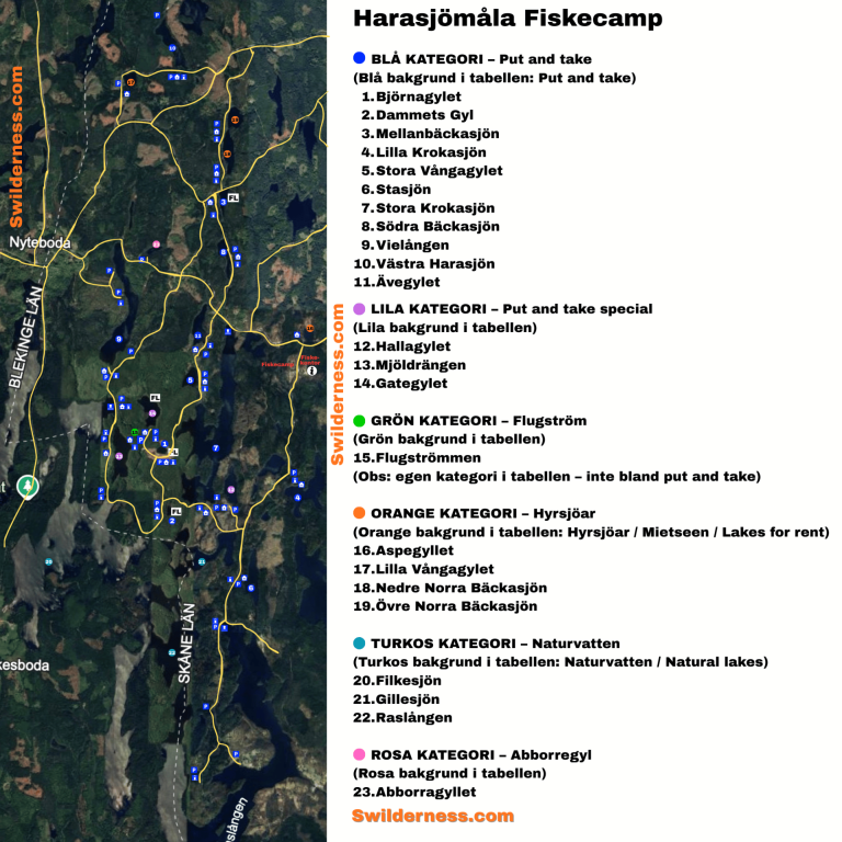 Karta över en Harasjömåla Fiskecamp med markerade vägar och fiskesjöar i nummer ordning. Faciliteter som grillplats toalett och parkeringar.