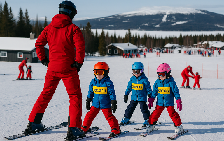 Skiinstruktör med tre barn på en snöig skidbacke, omgivna av fjäll och stugor.