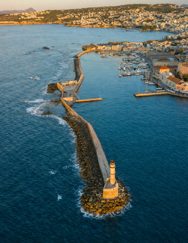 Vy över en hamn med en fyr och murar omgiven av blått vatten.