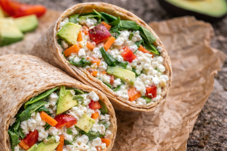 Fullkorns-wrap med grönsaker, keso och avokado.