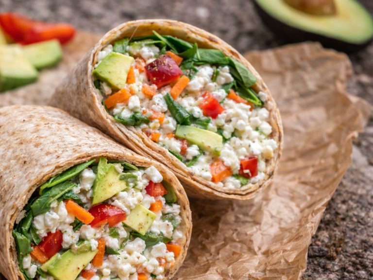 Två wraps fyllda med grönsaker, avocado och quinoa på en pappersbit.