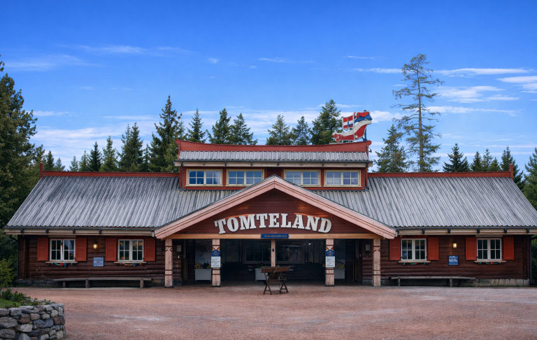 Byggnaden för Tomteland med röd träfasad och blå himmel i bakgrunden.