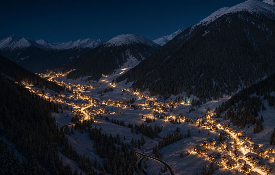 illustration av Mörk dal med en by som lyser upp av gatubelysning och snöklädda berg runtom.
