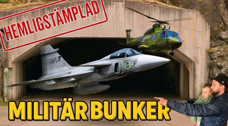 Besöker Aeroseum Militärbunker med ett stridsflygplan och en helikopter framför. Text: "Hemligstämplad".