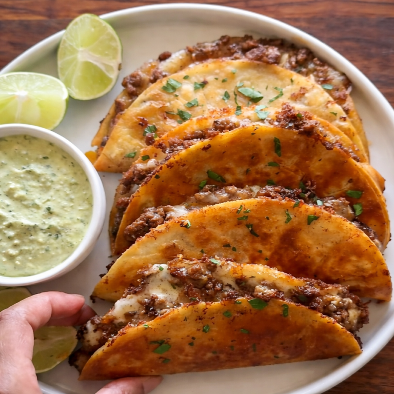 Fyra tacos med köttfyllning, serverade med limeklyftor och grön salsa.