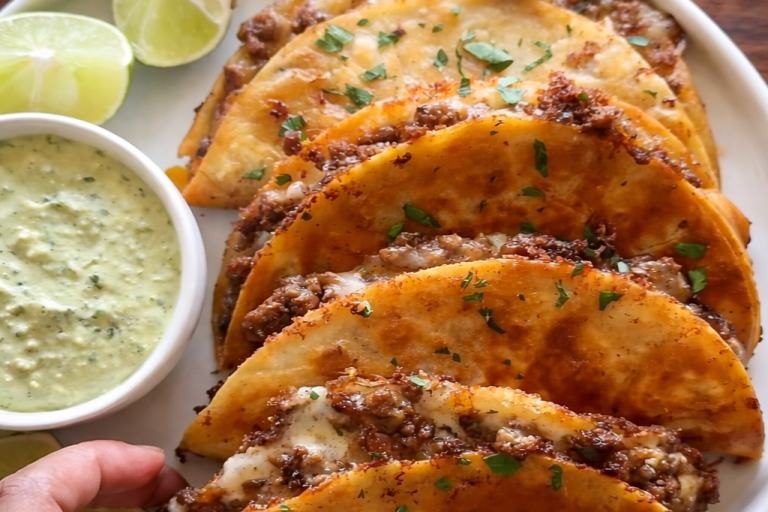 Tacos med köttfyllning, färsk koriander, lime och en krämig sås vid sidan av.