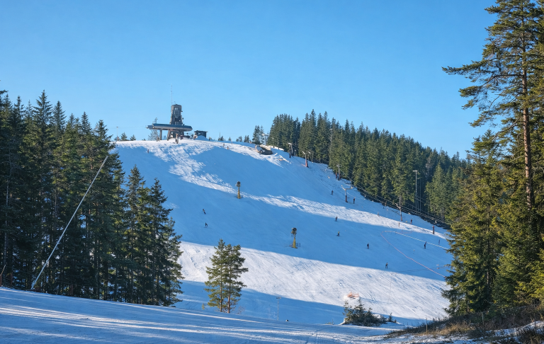 Snöklädd backe med en skidanläggning omgiven av tallar under blå himmel.