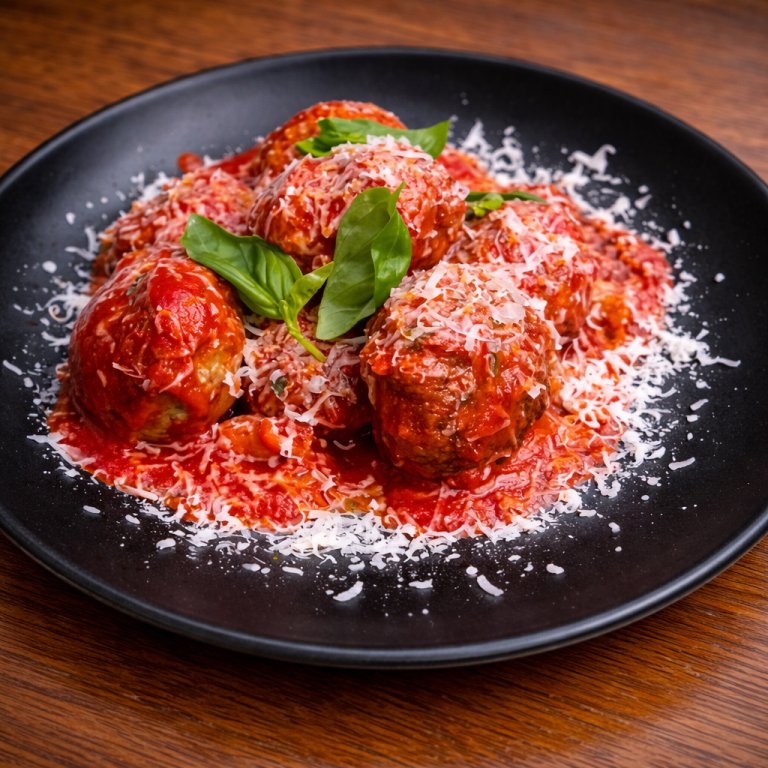 Köttbullar i tomatsås med örter i en stekpanna.