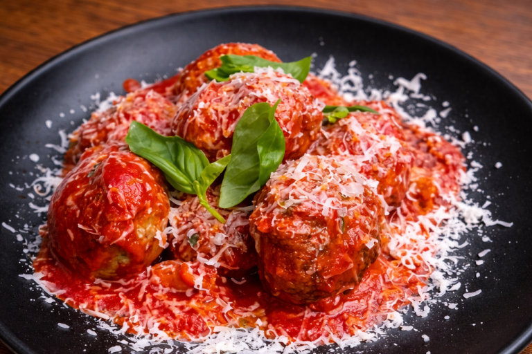 Köttbullar i tomatsås, toppad med färsk basilika och riven parmesan.