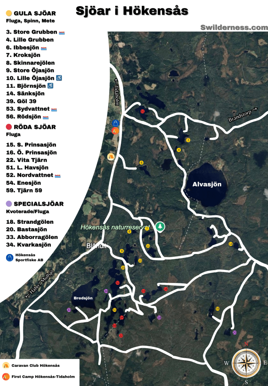 Karta över sjöar i Hökensås naturreservat, med markerade platser, sjöar och vägar. Samt en lista på alla deras namn
